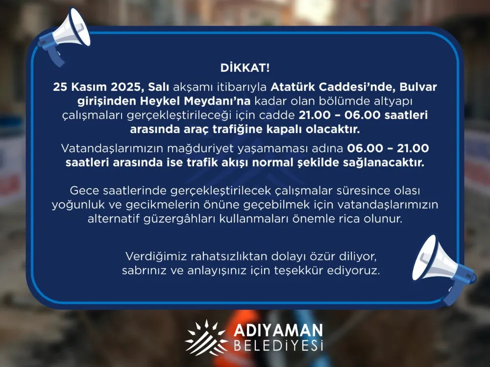 ADIYAMAN BELEDİYESİNDEN DUYURU
